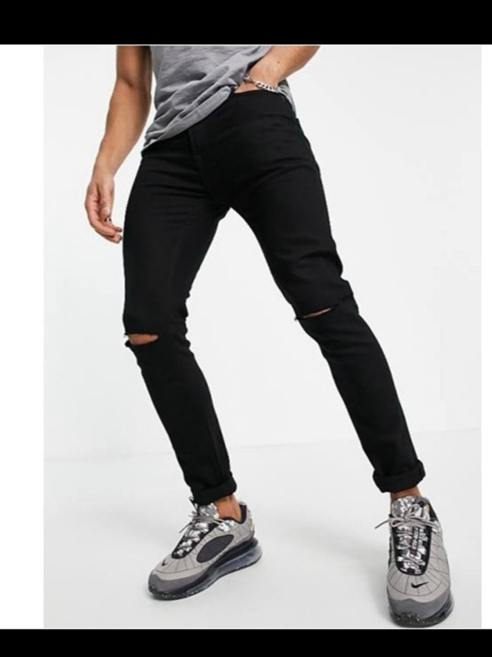 Topman mens stretch skinny distressed jean 32x30 black button fly